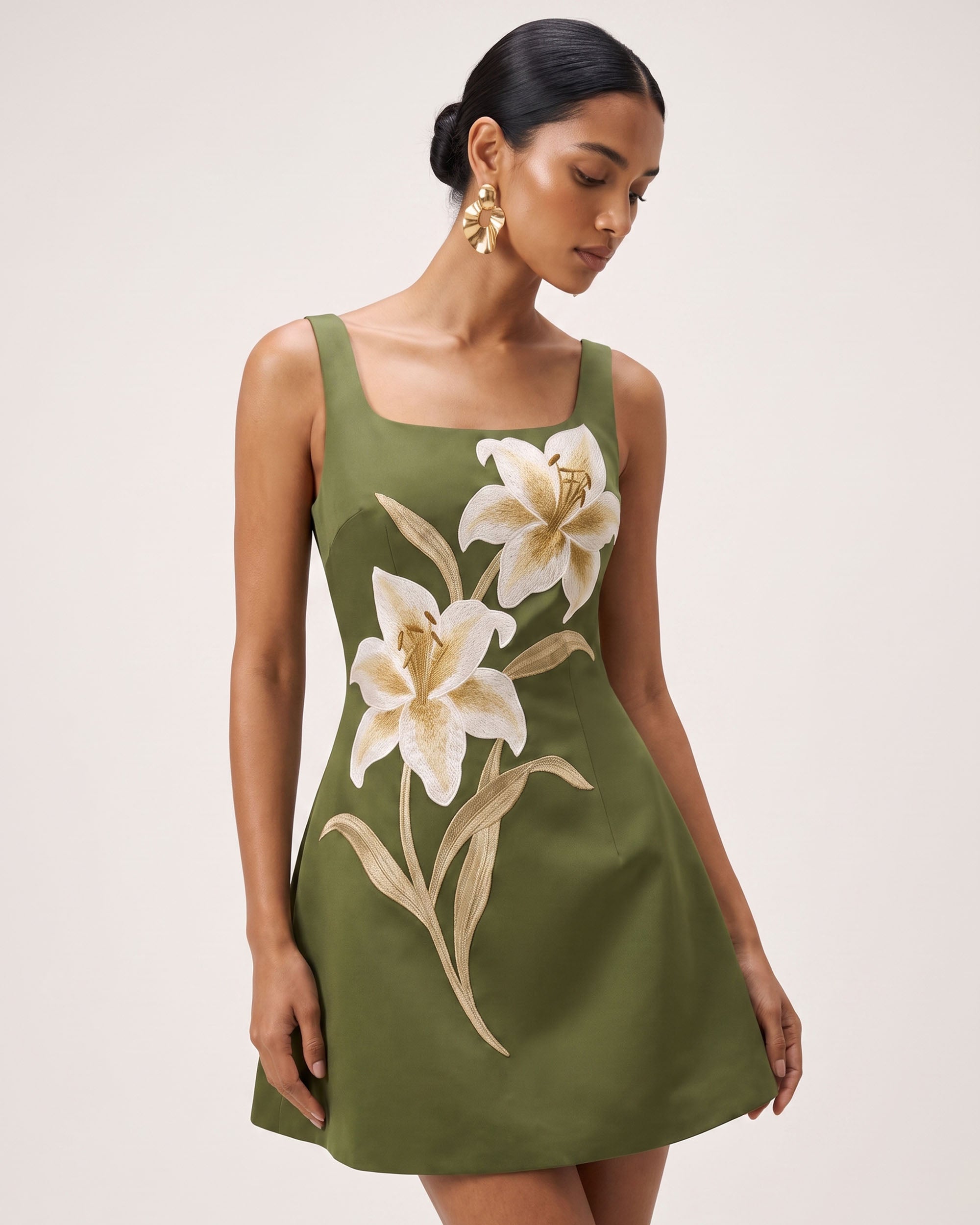 Lily Floral Print Sleeveless A-Line Mini Dress - Olive