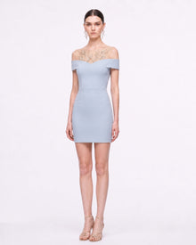 Botanical Embellished Illusion Off-Shoulder Mini Dress - Light Blue
