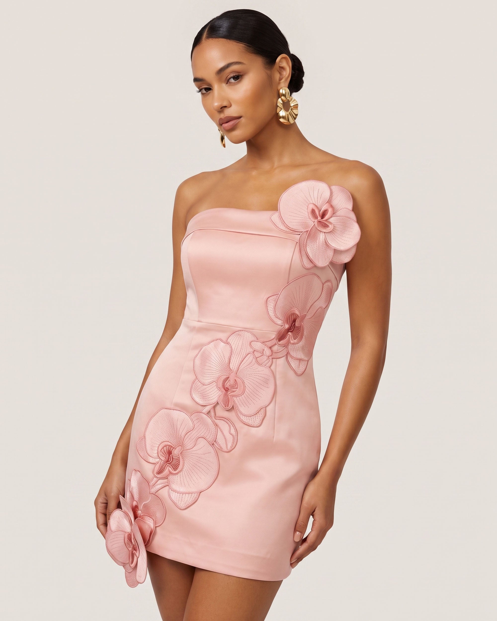 Orchid Embroidered Floral Appliqué Strapless Mini Dress - Pink