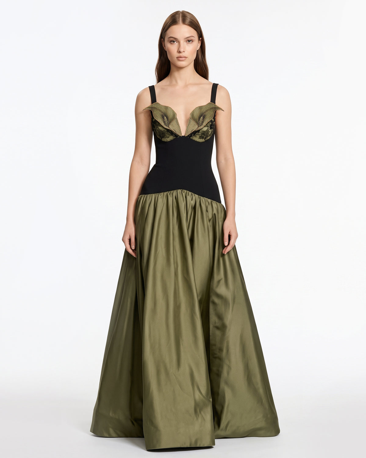 3D Floral Drop-Waist A-Line Maxi Dress - Olive Green & Black