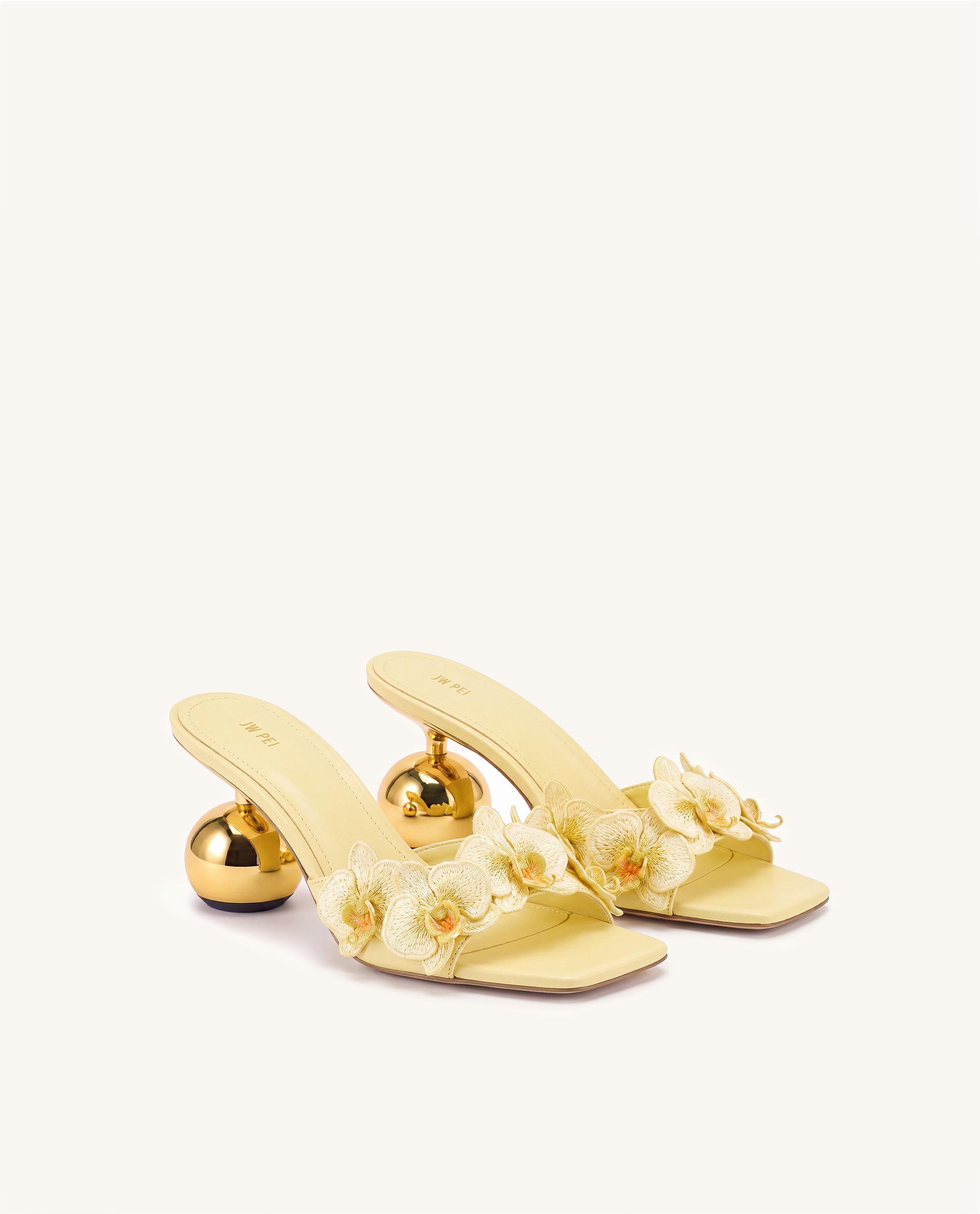 Celia Orchid Embroidered Sphere Heel Mules - Yellow