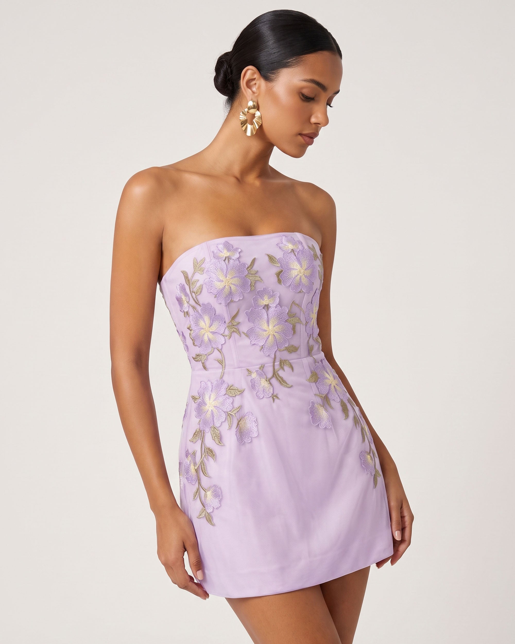 Floral Embroidered
Strapless Corset Mini Dress - Light Purple