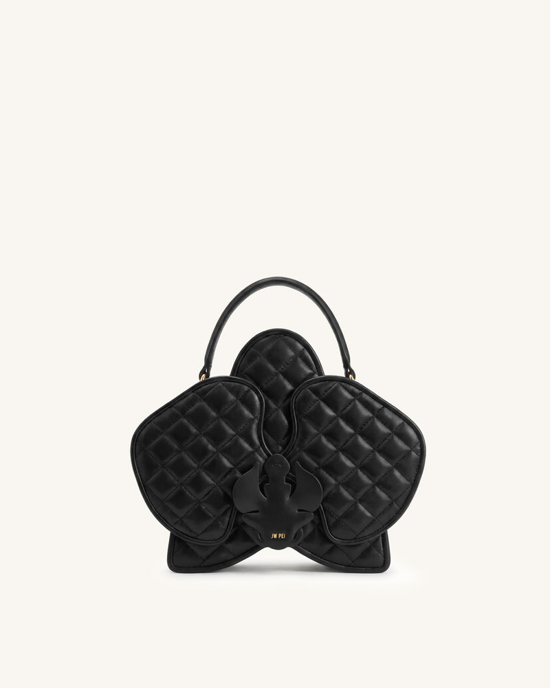 Flora Quilting Orchid Shaped Top Handle Bag - Black