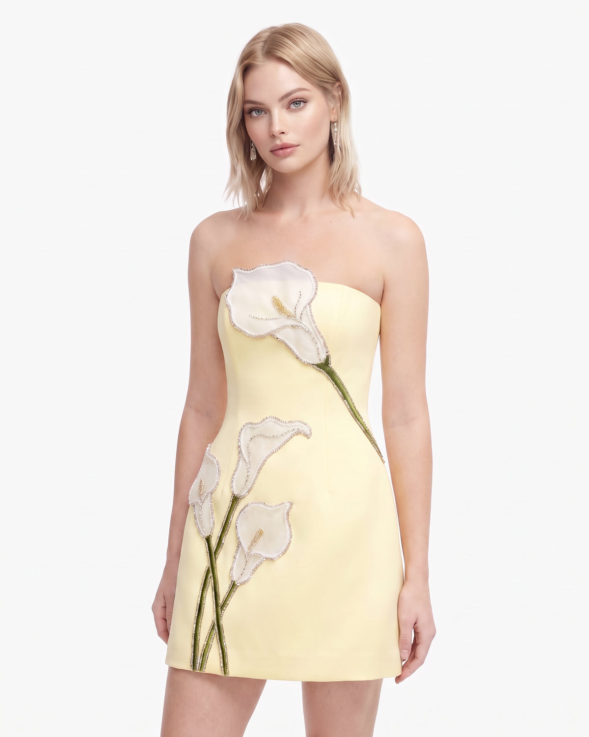 Calla Lily 3D Floral Strapless Mini Dress - Butter Yellow