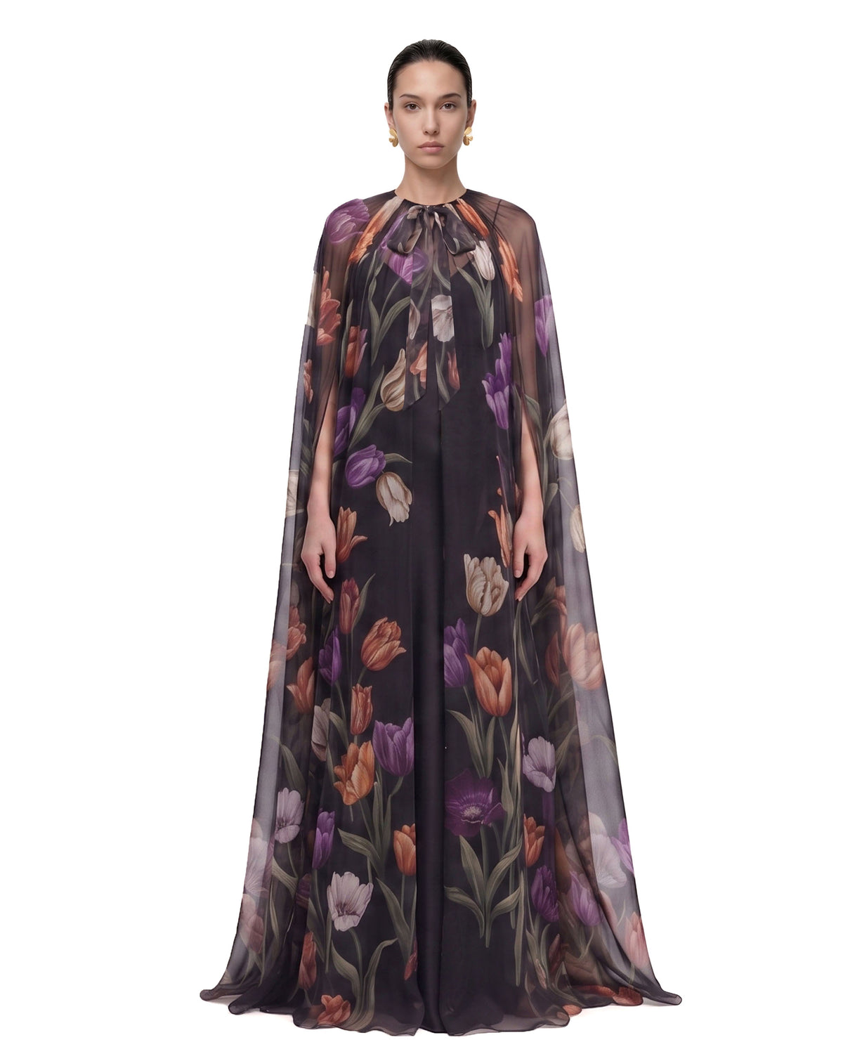 Tulip Floral Cape Maxi Dress - Black
