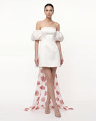 3D Floral Corn Poppy Puff-Sleeve Mini Dress with Train - Ivory