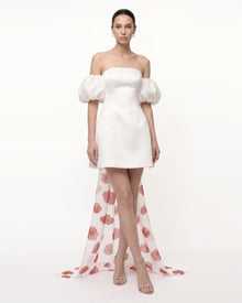 3D Floral Corn Poppy Puff-Sleeve Mini Dress with Train - Ivory