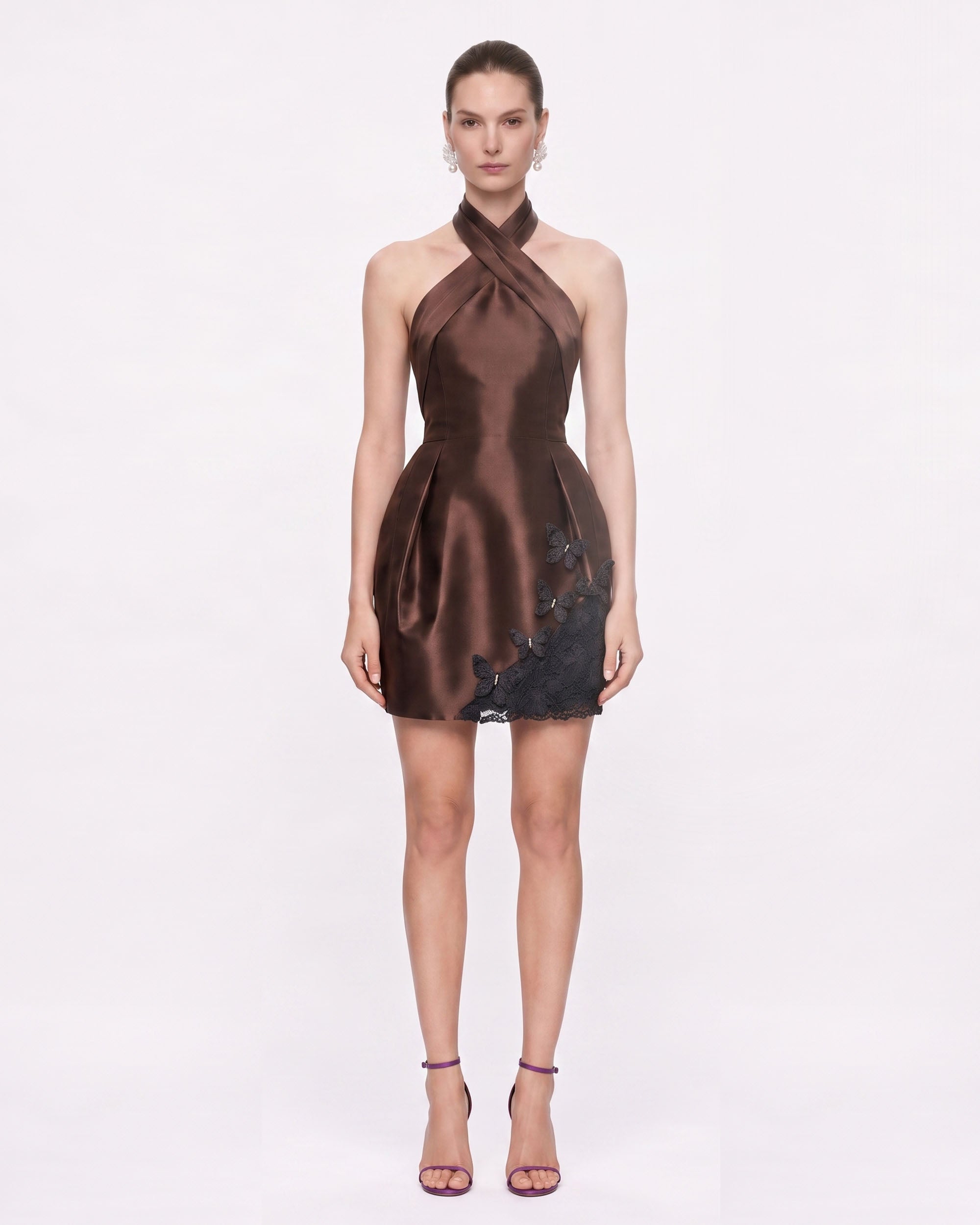 3D Butterfly Appliqué Halter Satin Mini Dress - Brown
