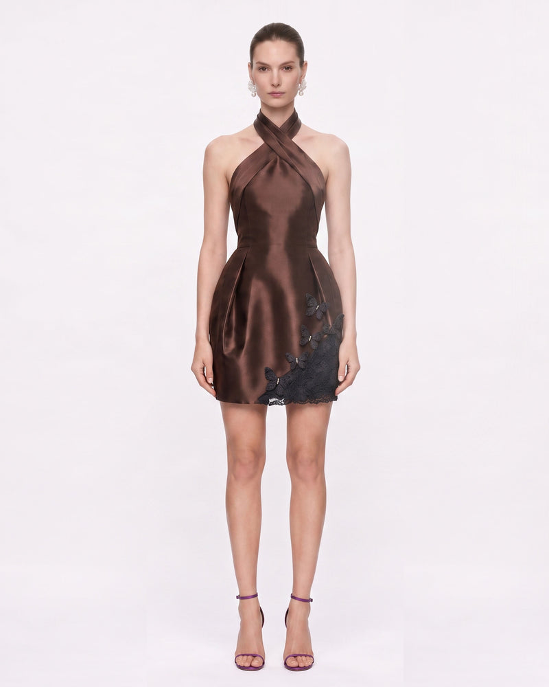 3D Butterfly Appliqué Halter Satin Mini Dress - Brown