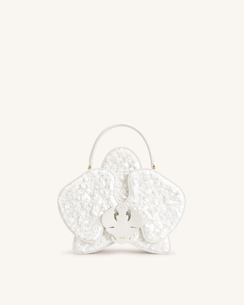 Flora Sequin Orchid Shaped Top Handle Bag - White