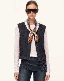 Vintage Paisley Accent Jacquard Denim Vest - Dark Wash