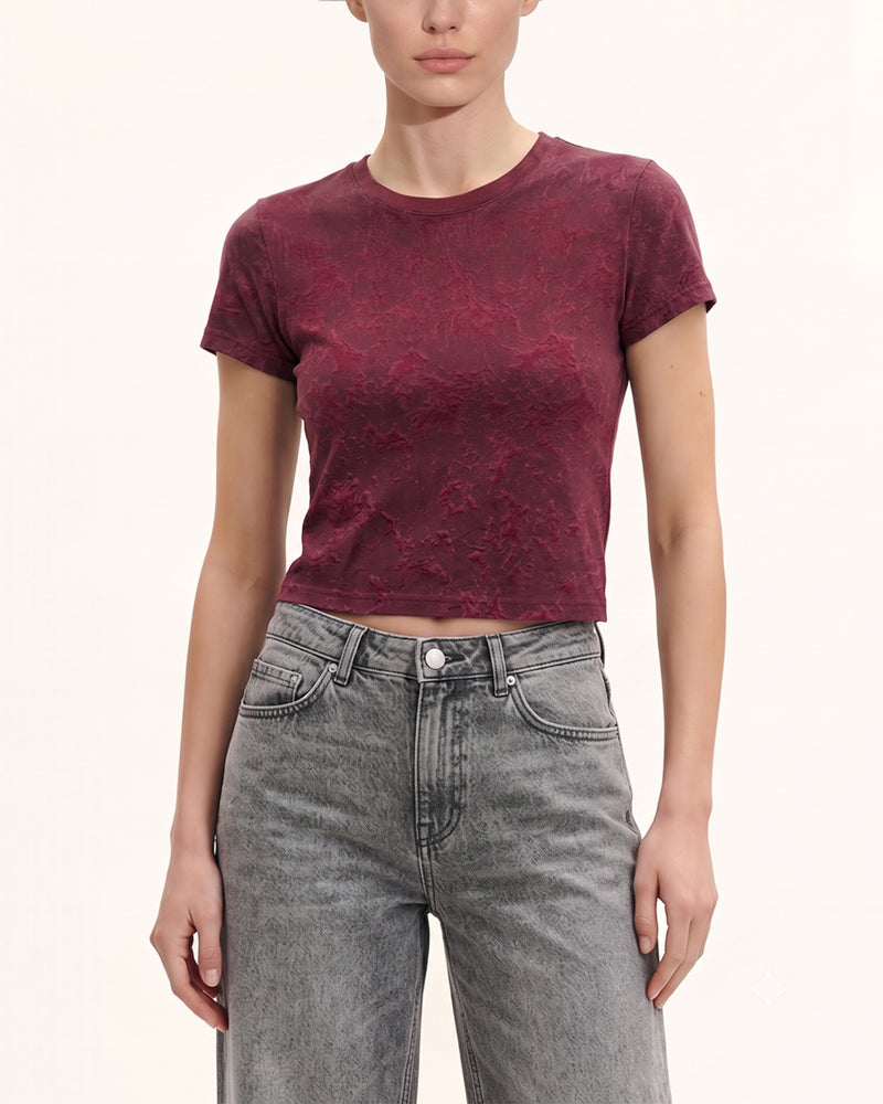 Crinkle Wash Cropped Tee - Burgundy