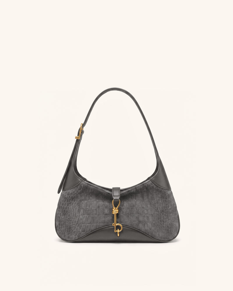 Juliette Faux Suede Key Charm East-West Shoulder Bag - Grey Croc