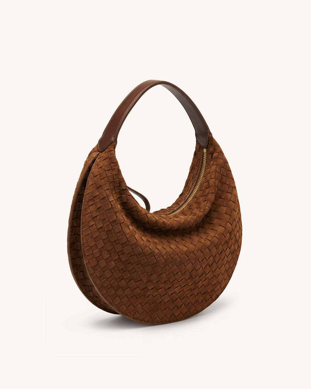 Nola Faux Suede Woven Crescent Shoulder Bag - Caramel Brown