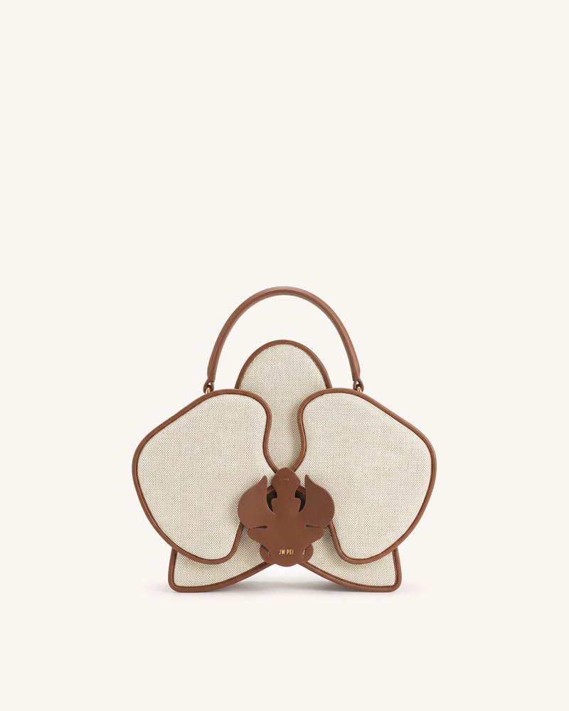 Flora Orchid Shaped Top Handle Bag - Brown White Canvas