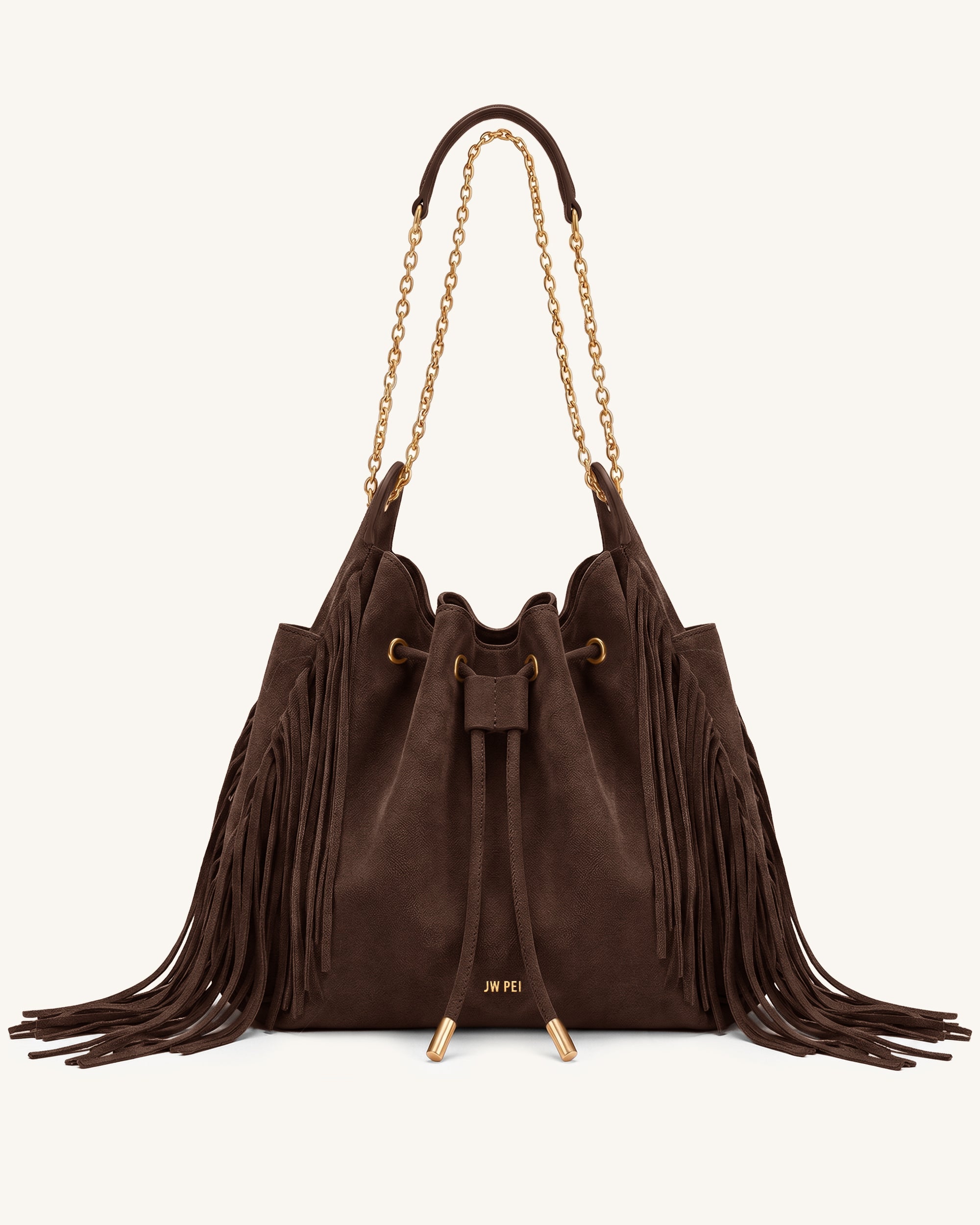 Rowan Faux Suede Tassel Ruched Drawstring Chain Bucket Bag - Amber Brown