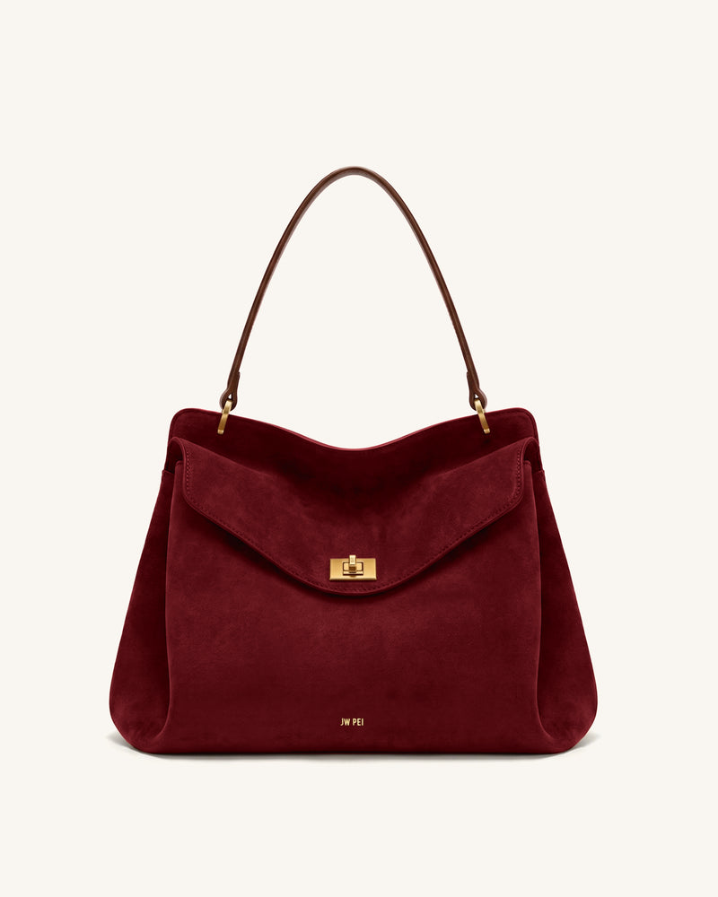 Lucia Turn-Lock Faux Suede Shoulder Bag - Dark Red