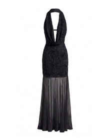 Orchid Beaded Embroidered Sheer Hem Halter Maxi Dress - Black