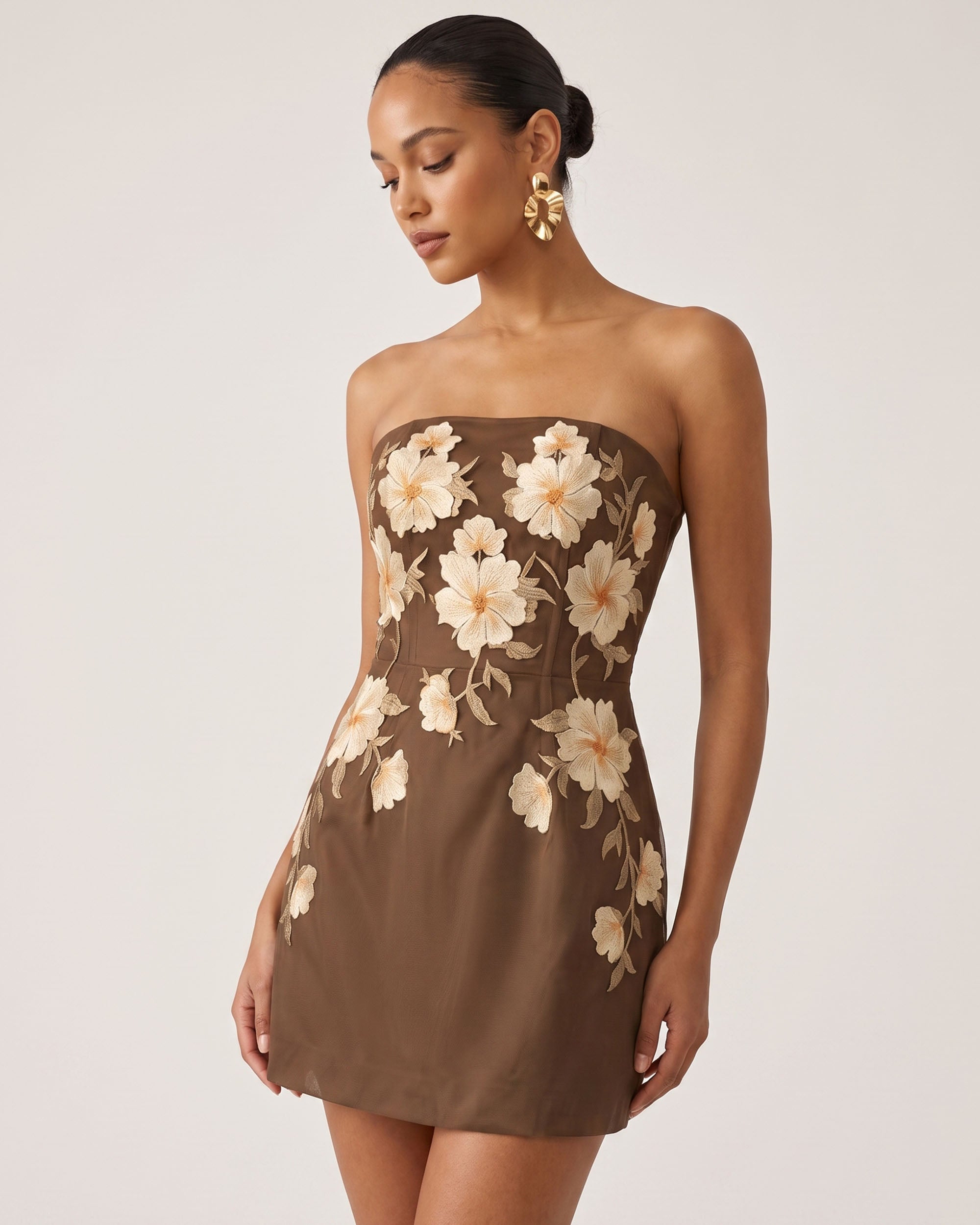 Floral Embroidered Strapless Corset Mini Dress - Brown