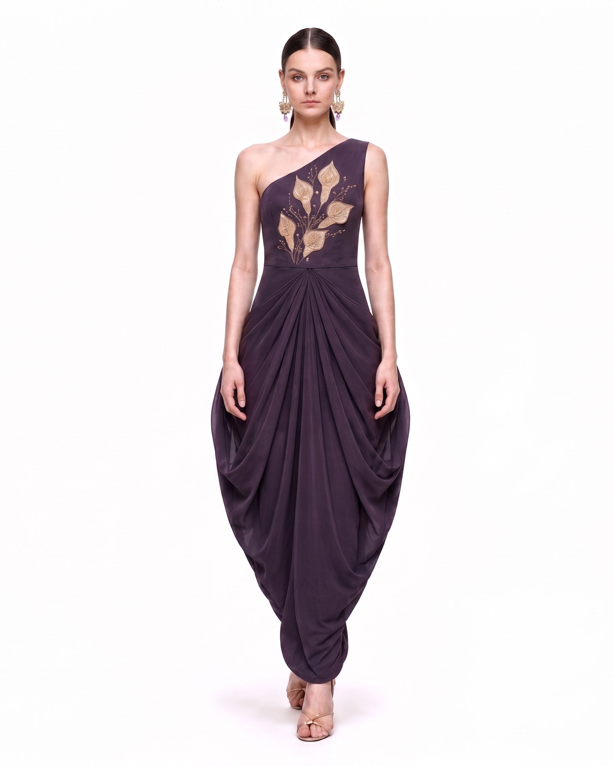 Botanical Embellished Draped One-Shoulder Maxi Dress - Dark Purple
