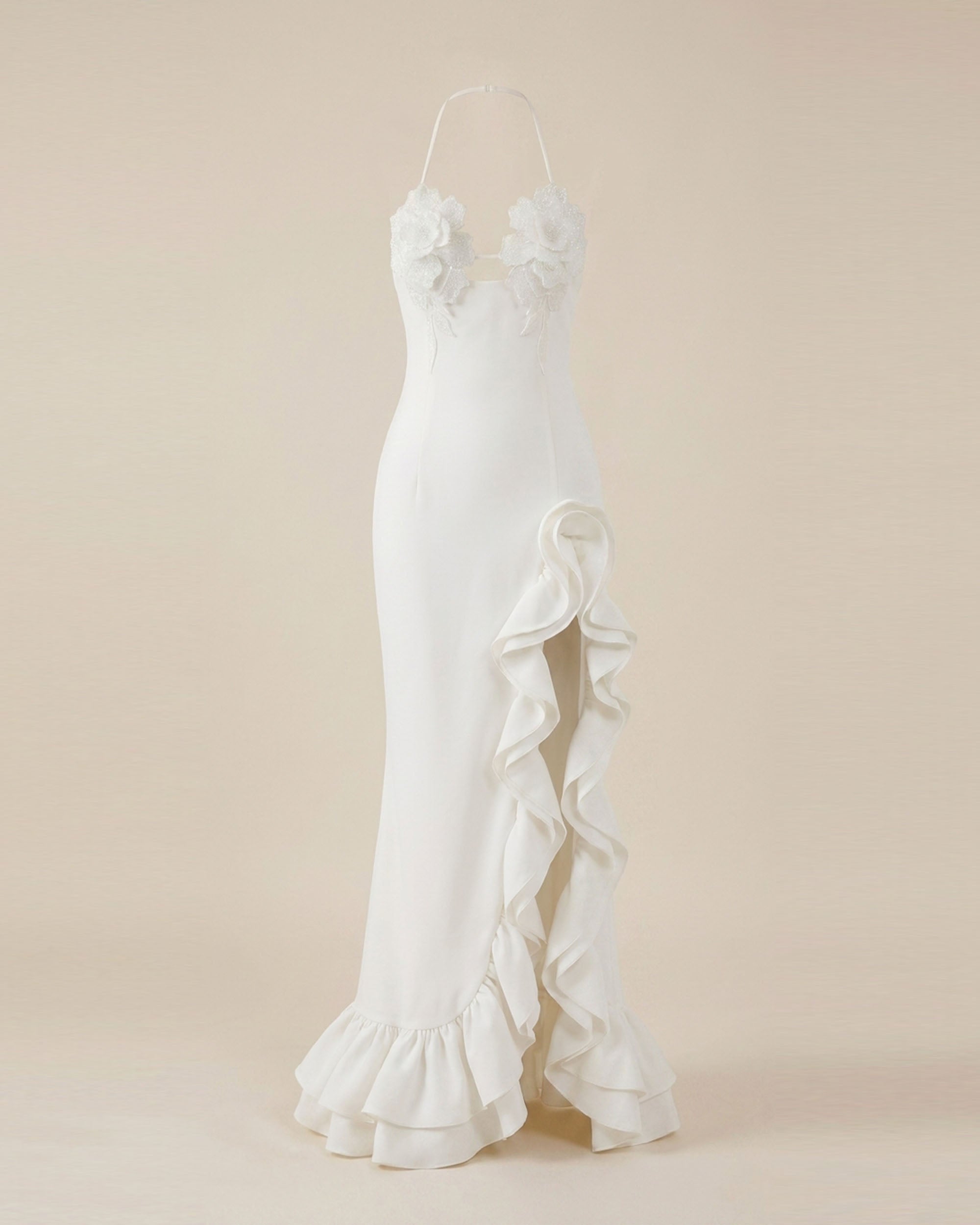 Flower Embroidered Ruffle Maxi Dress - White