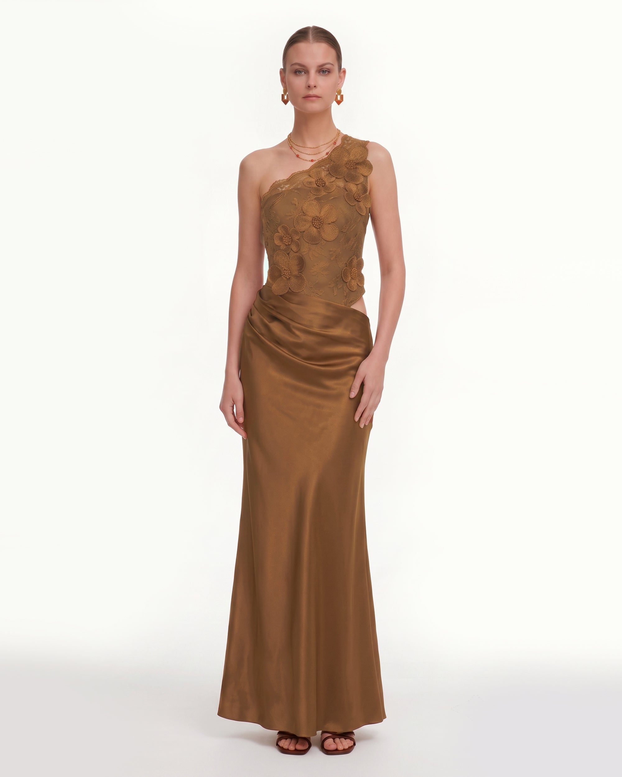 Floral One Shoulder Satin Dress - Cognac