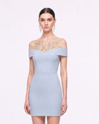 Botanical Embellished Illusion Off-Shoulder Mini Dress - Light Blue