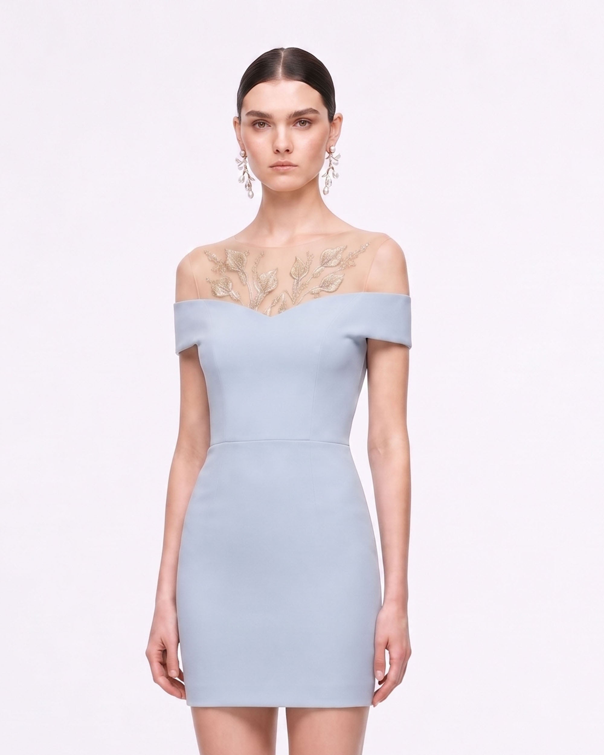 Botanical Embellished Illusion Off-Shoulder Mini Dress - Light Blue
