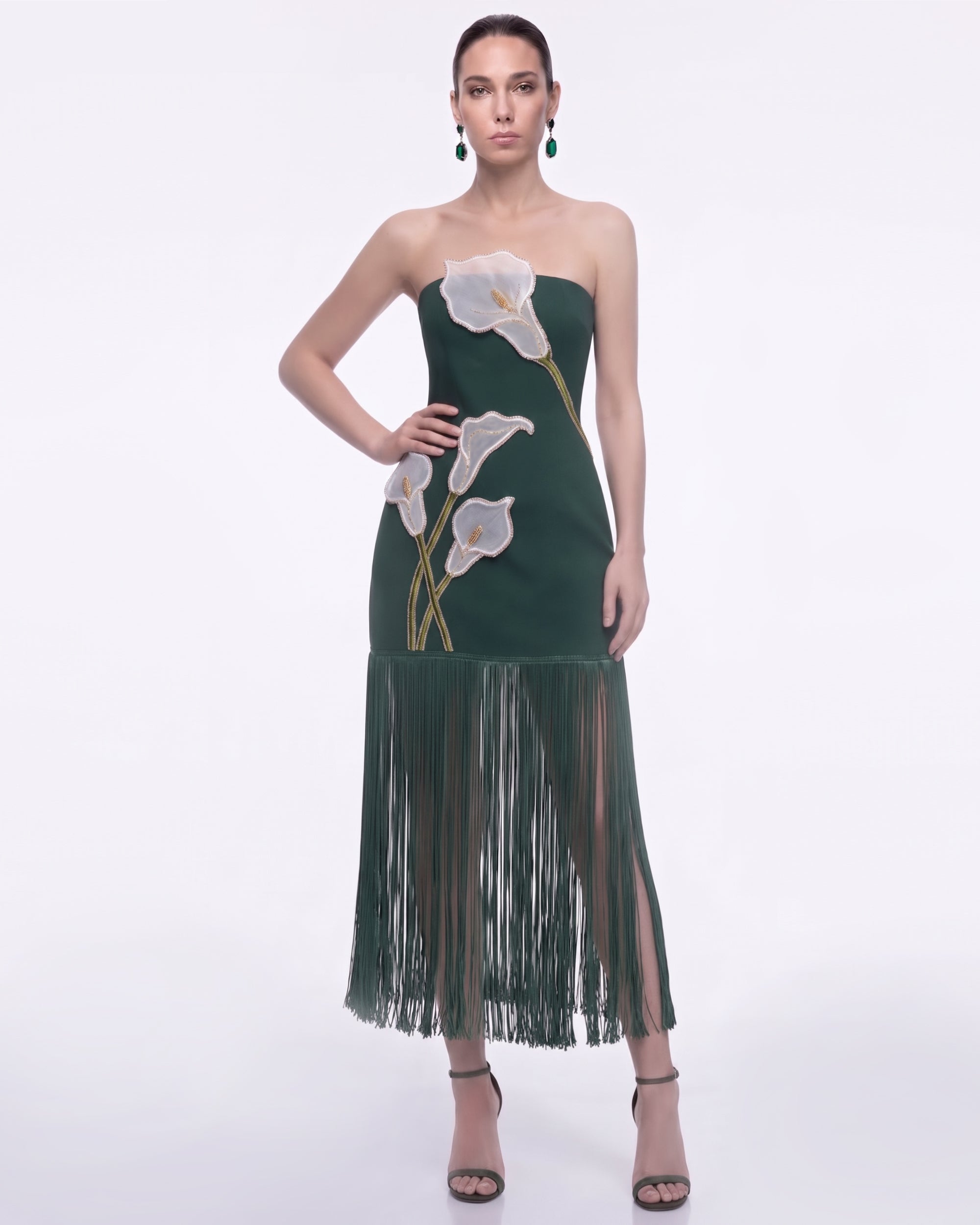 Calla Lily 3D Floral Fringe Maxi Dress - Emerald Green
