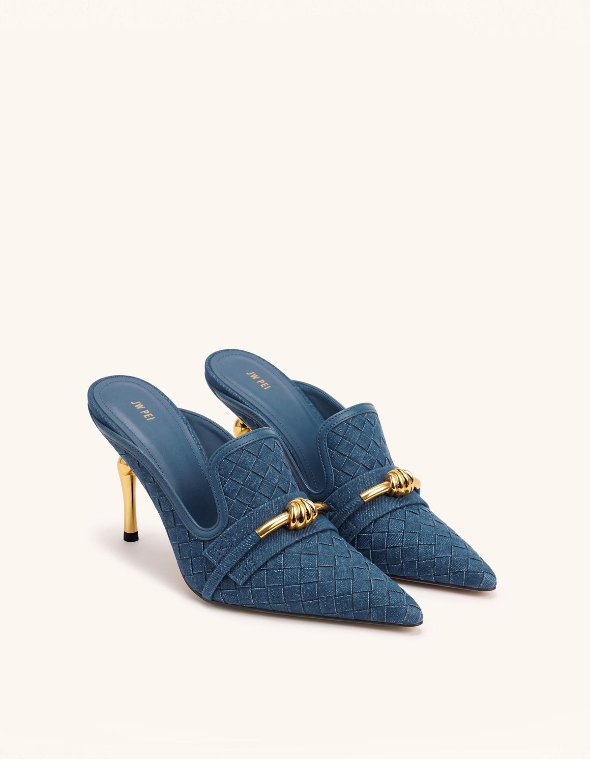 Lena Metal Rope Knot Woven Pointed Toe Mules - Denim Blue