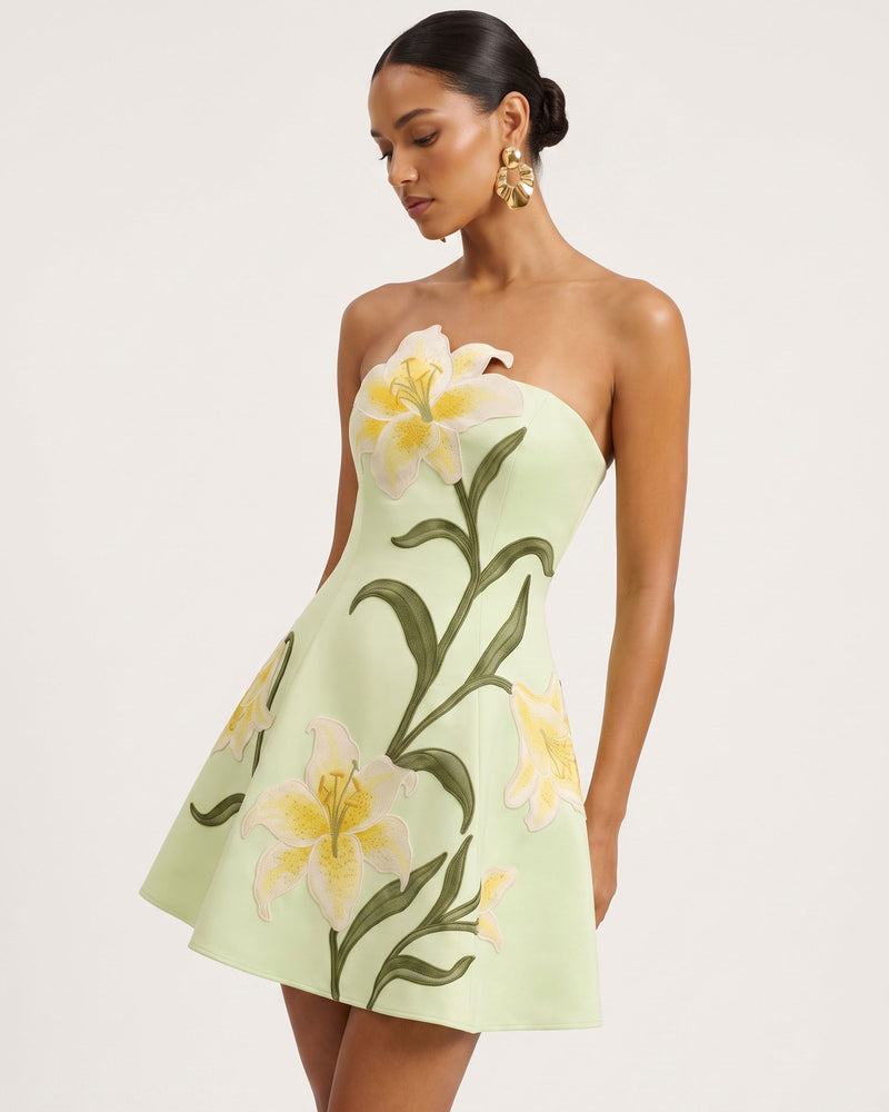 Lily Floral Print Strapless A-Line Mini Dress - Light Green