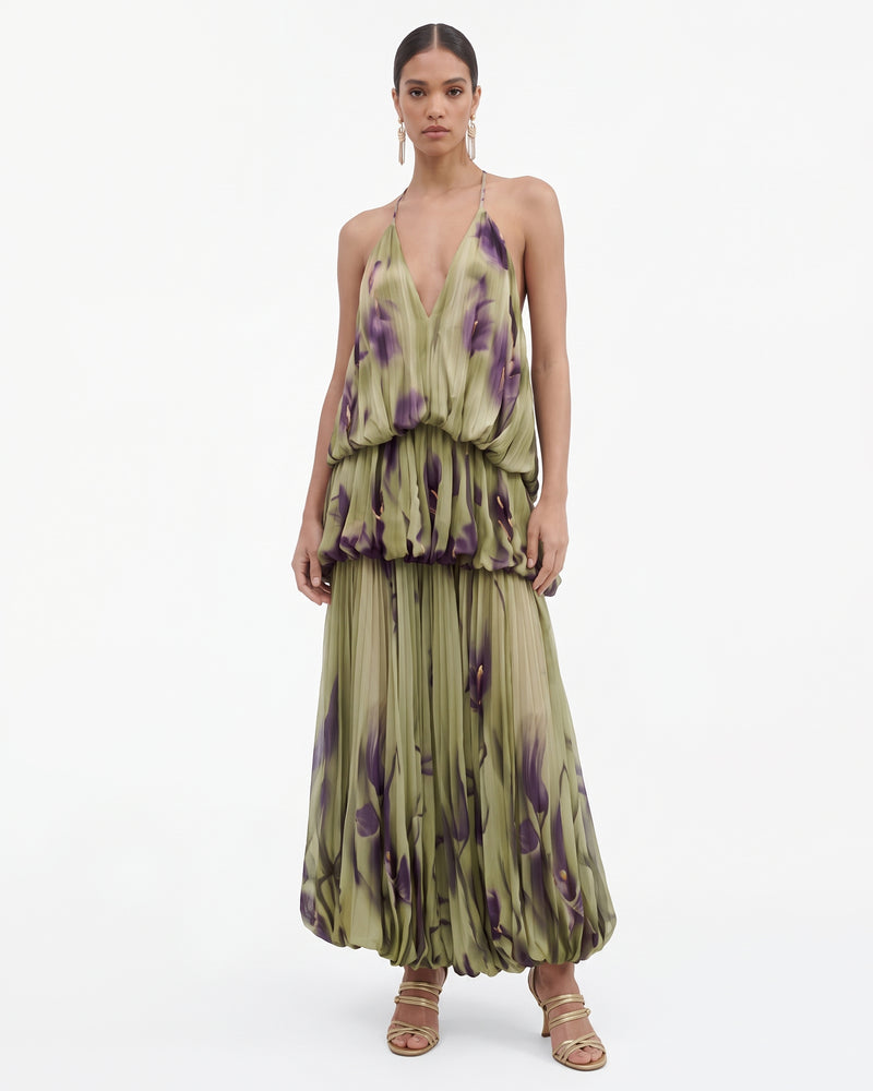 Floral Print Plunge-Neck Tiered Bubble-Hem Maxi Dress - Olive Green