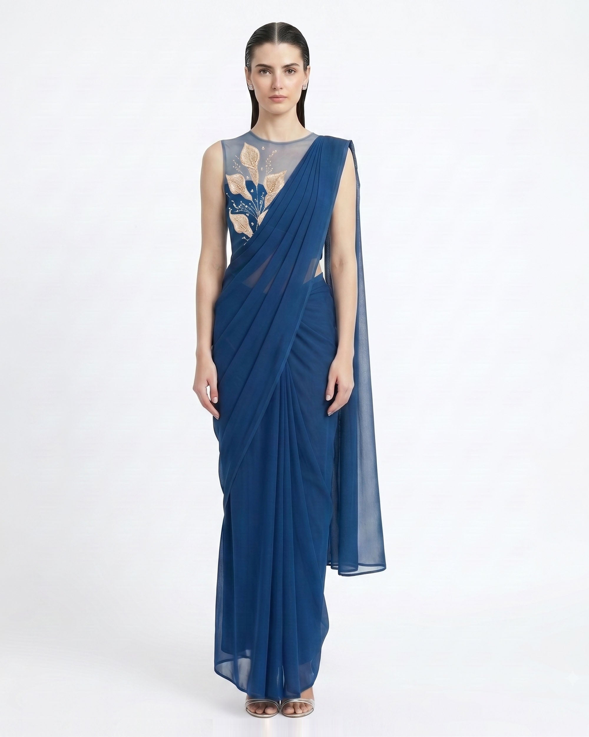 Botanical Embellished Draped Overlay Maxi Dress - Navy