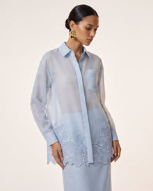 Orchid-Embroidered Button-Collar Shirt - Light Blue