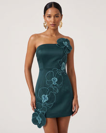 Orchid Embroidered Floral Appliqué Strapless Mini Dress - Dark Green