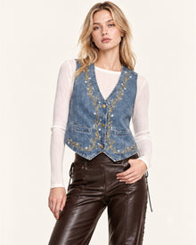 Botanical Vine Embroidered Denim Vest - Light Wash