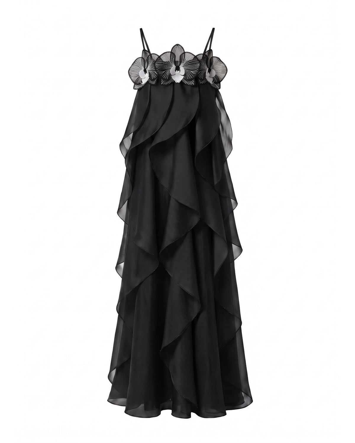 Orchid Embroidered Organza Maxi Dress - Black
