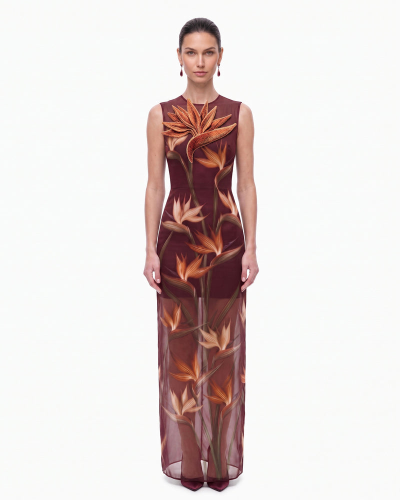 Bird of Paradise Appliqué Sheer Column Maxi Dress - Burgundy