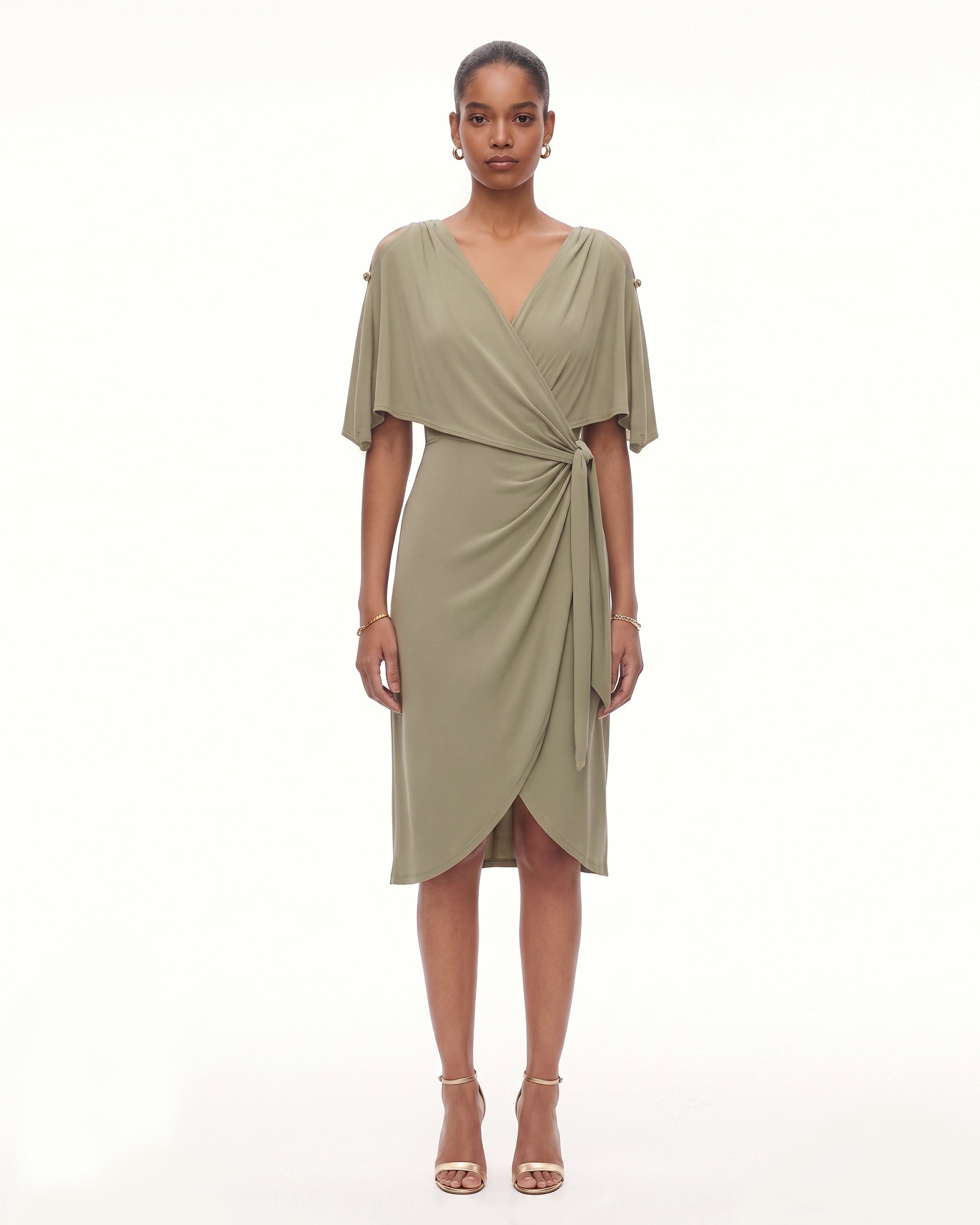 Draped Wrap Cape Sleeve Midi Dress - Olive Green