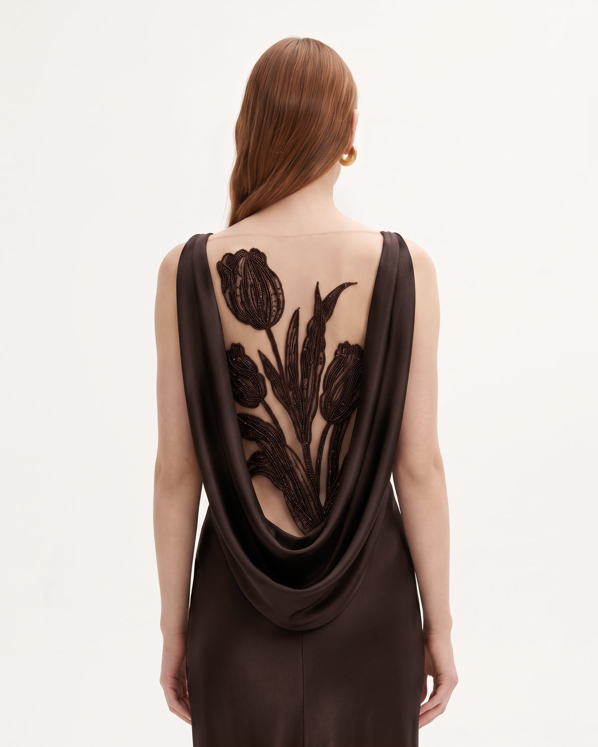 Tulip Appliqué Cowl-Back Satin Column Maxi Dress - Espresso Brown