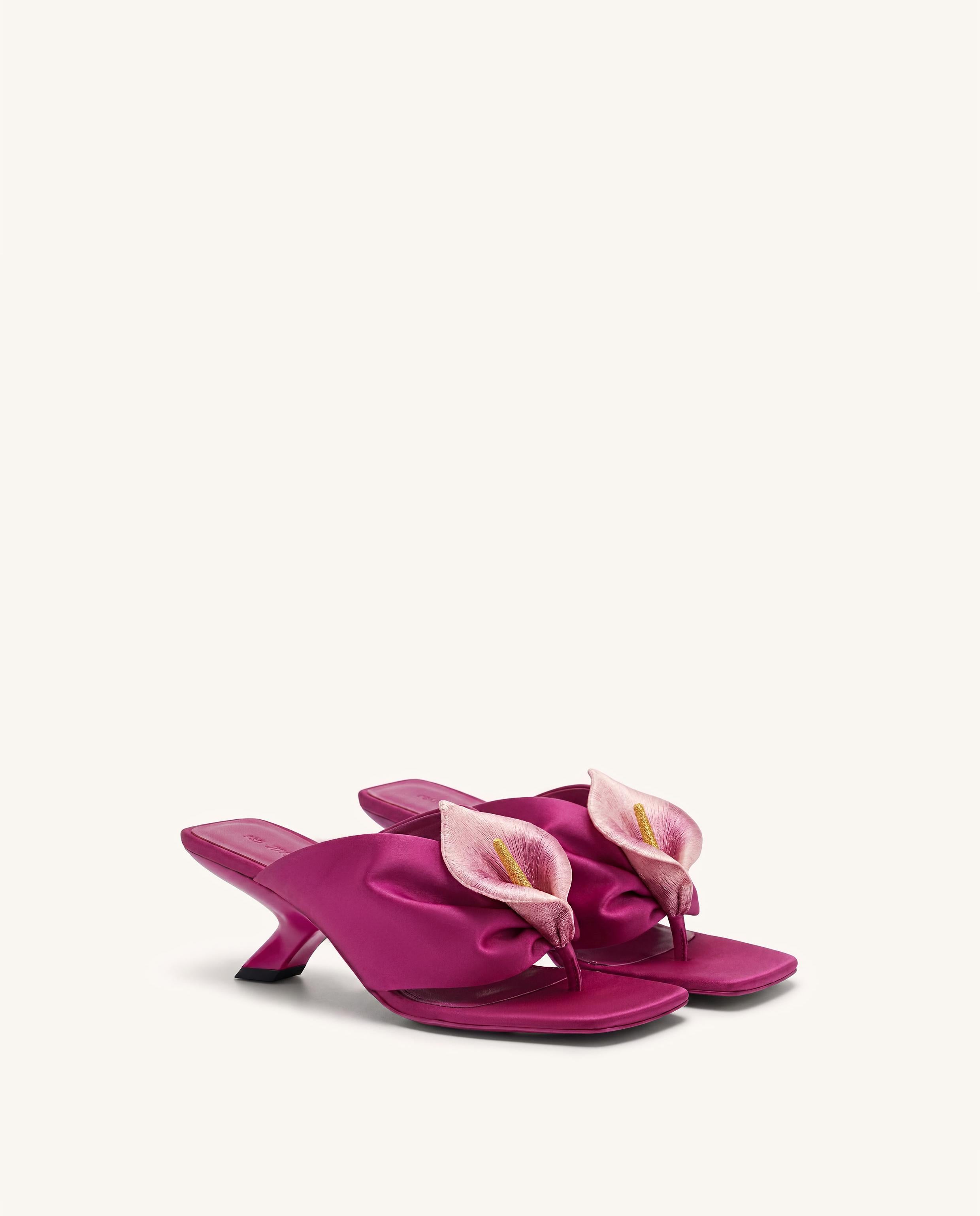 Bianca Calla Lily Ruched Toe-Post Heeled Sandals - Fuchsia