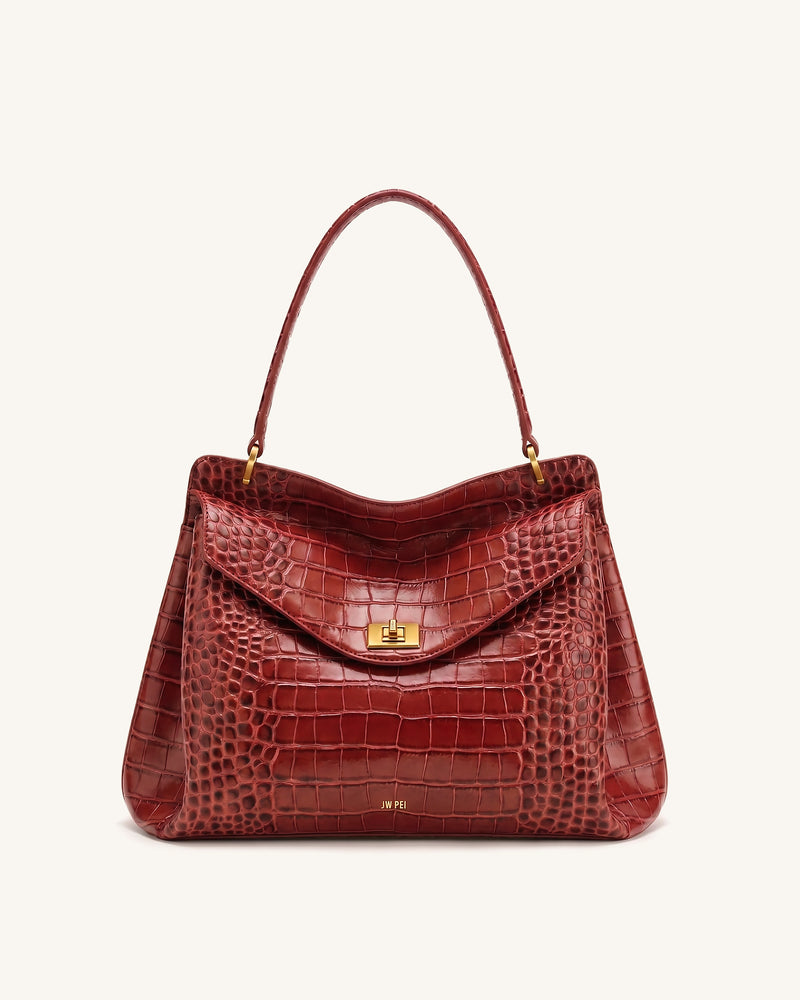 Lucia Turn-Lock Shoulder Bag - Dark Red Croc
