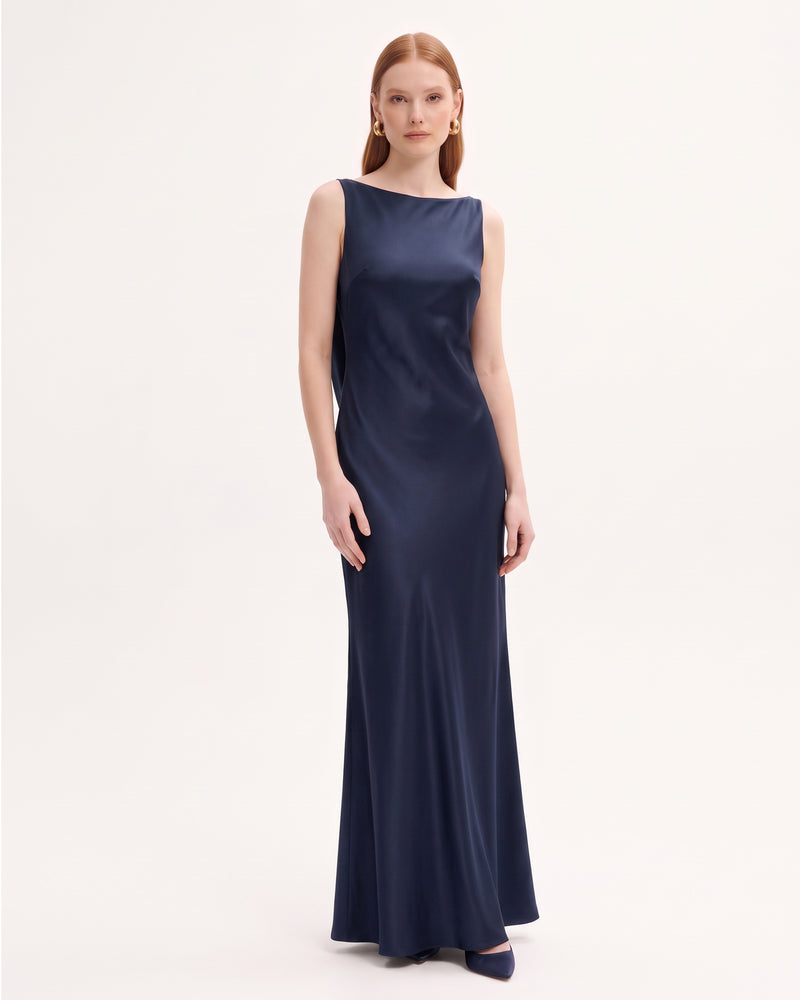 Tulip Appliqué Cowl-Back Satin Column Maxi Dress - Navy Blue