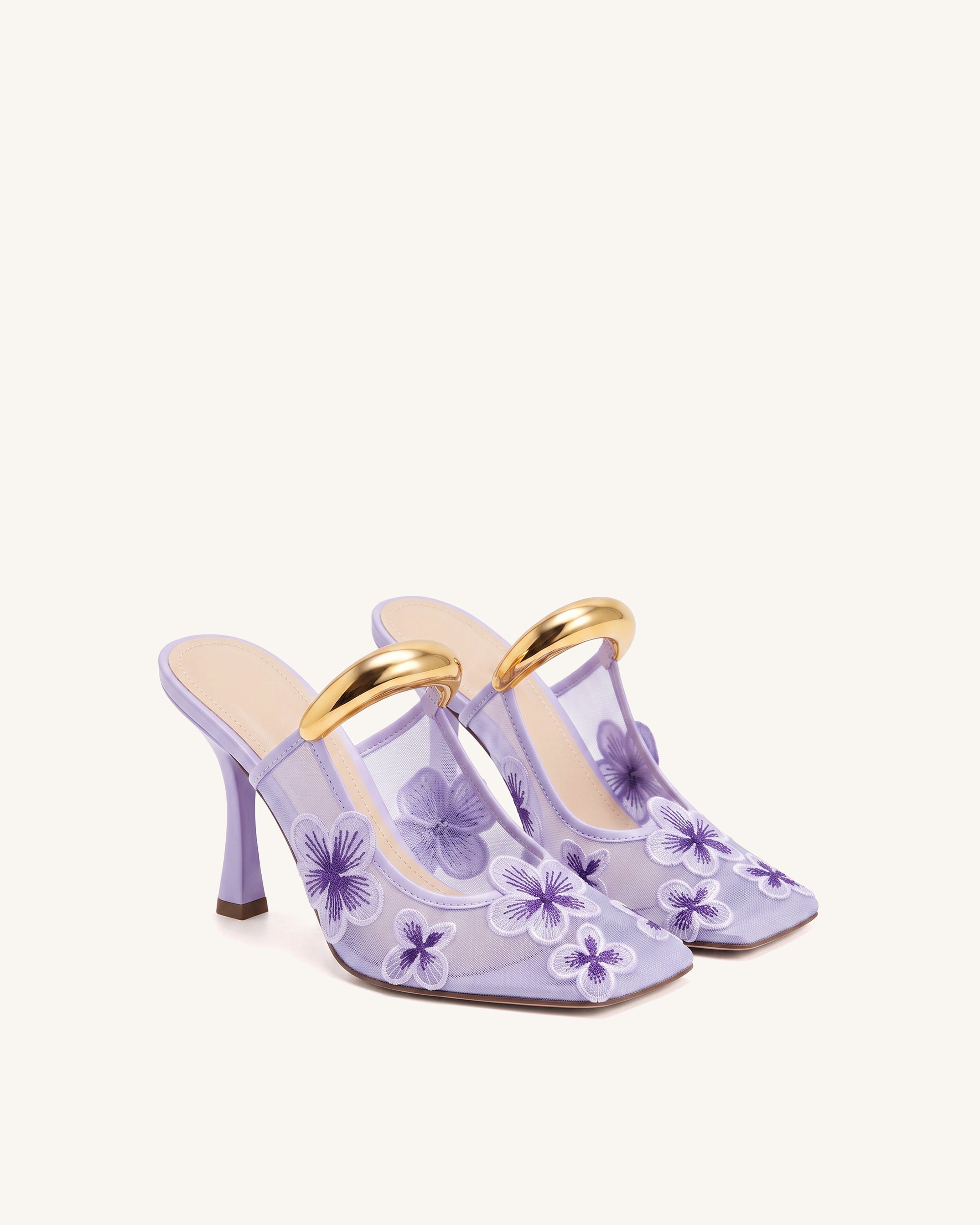 Mireille Pierced Floral Embroidered Appliqué Mesh Mules - Purple