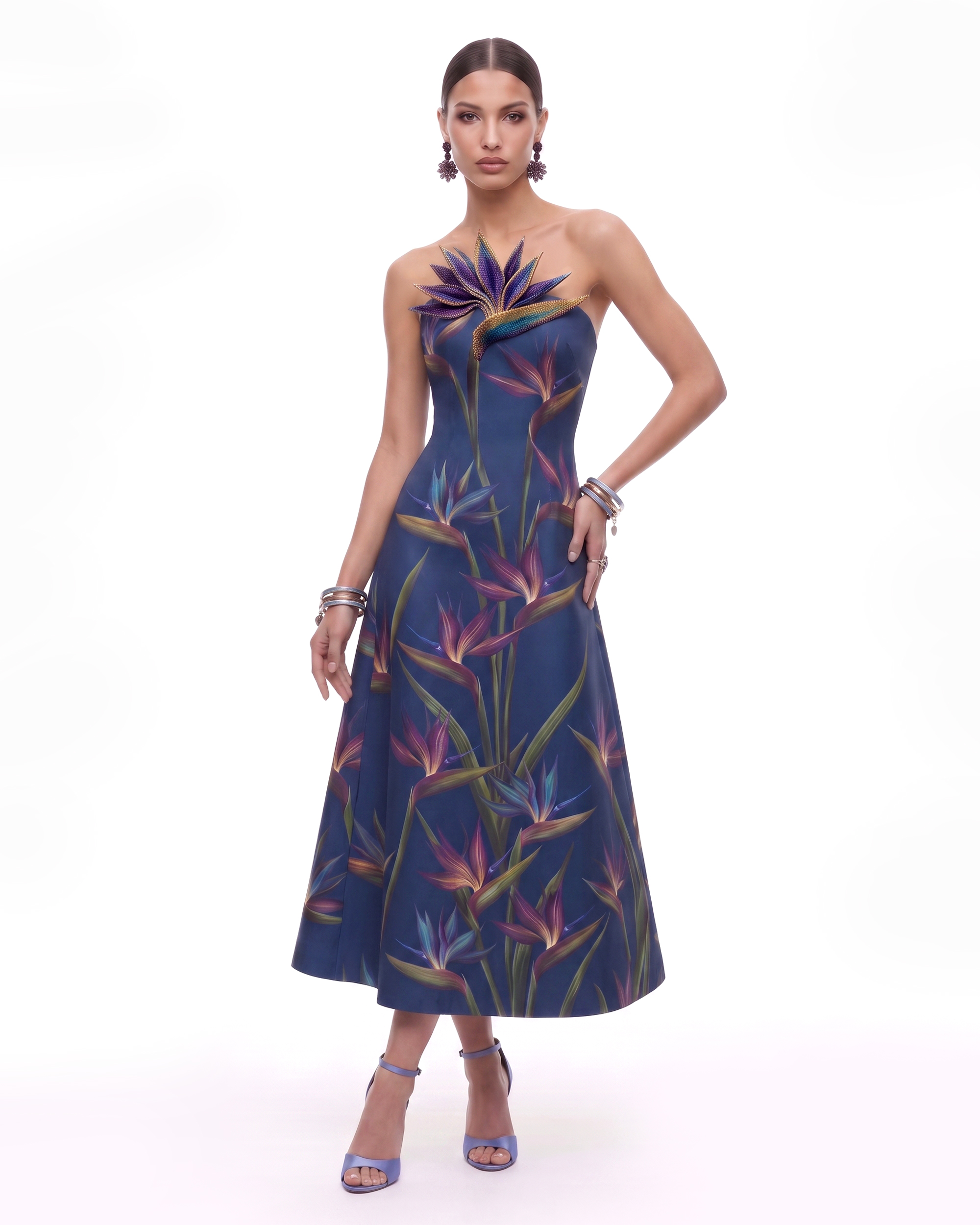 Bird of Paradise Appliqué Strapless A-Line Midi Dress - Navy