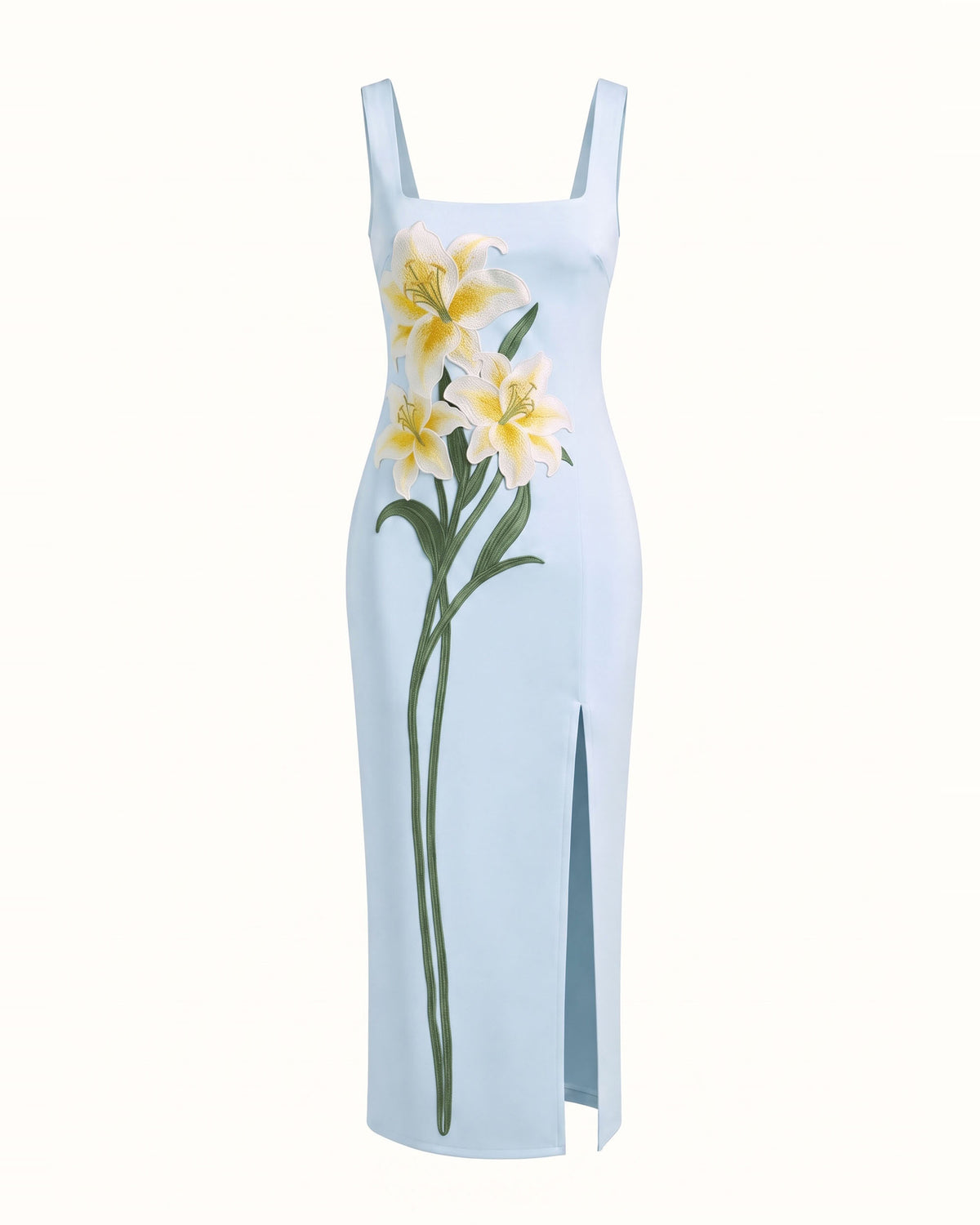Lily Embroidered Square Neck Slit Satin Midi Dress - Light Blue