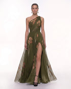 Floral One Shoulder Maxi Dress - Olive Green