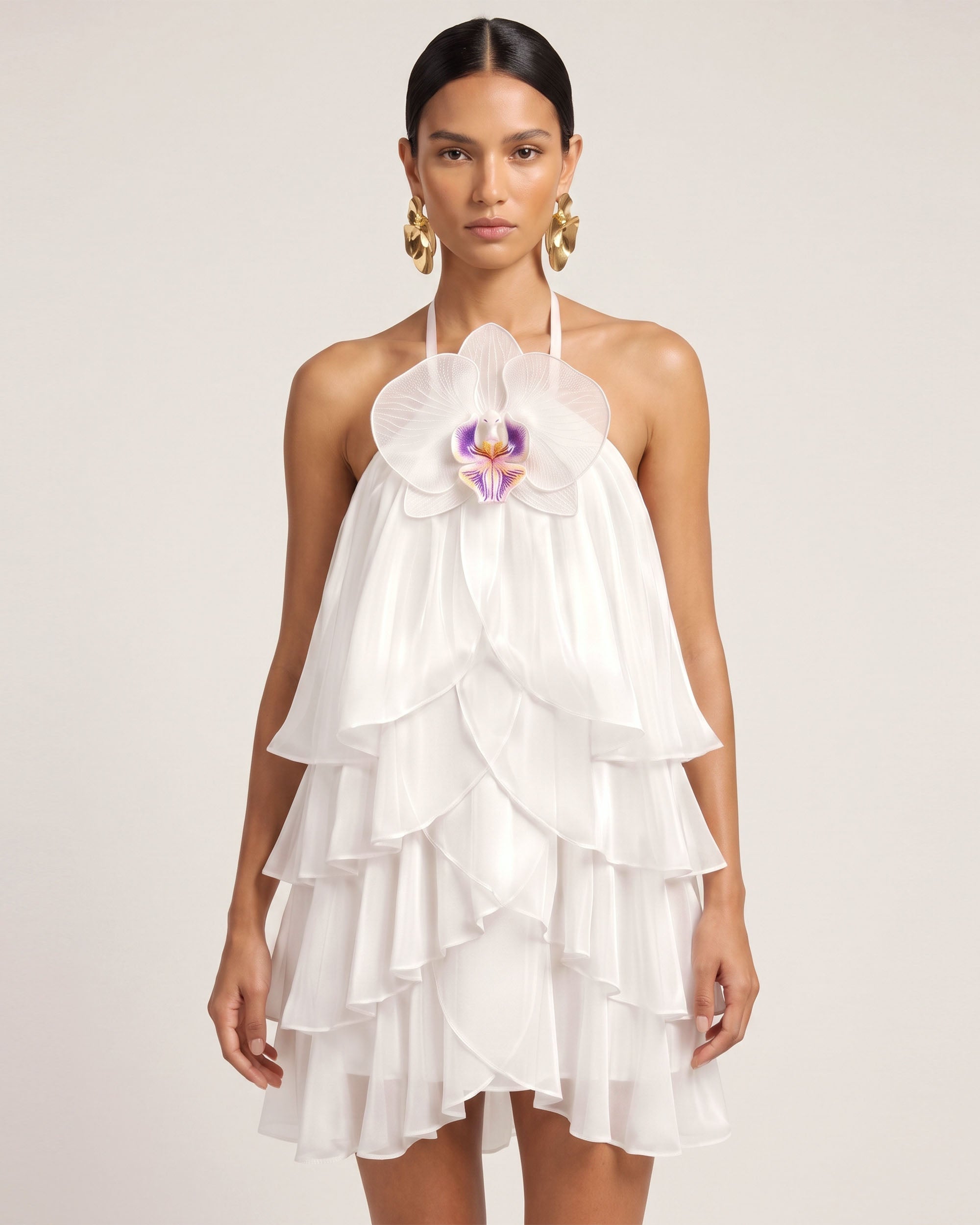 Orchid Embroidered Tiered Halter Mini Dress - White