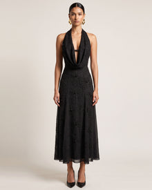 Orchid Beaded Embroidered A-Line Halter Maxi Dress - Black