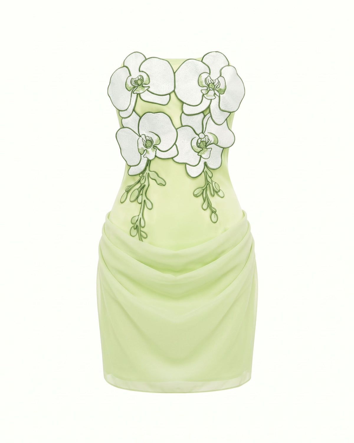 3D Floral Strapless Draped Ruched Mini Dress - Light Green